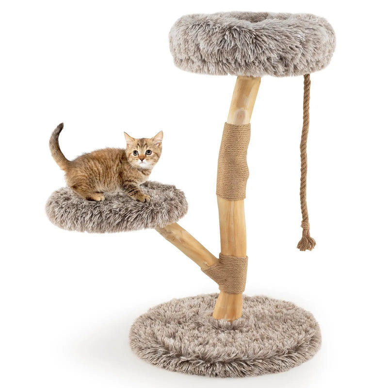 Modern Wooden Cat Tree Tower with Perch and Natural Jute Scratching Posts-Brown by DirectDeals