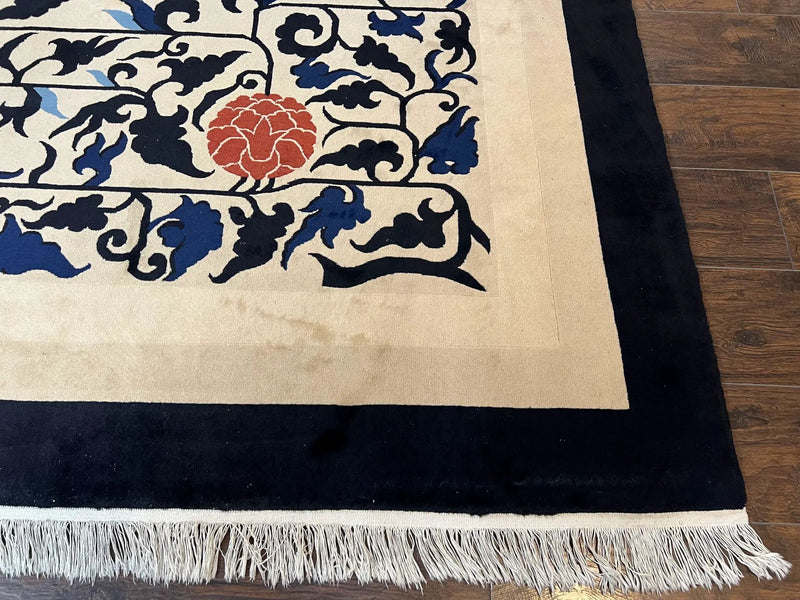 Antique Chinese Peking Rug 10x14, Beige Black, Handmade Wool Art Deco Carpet by Jewel Rugs