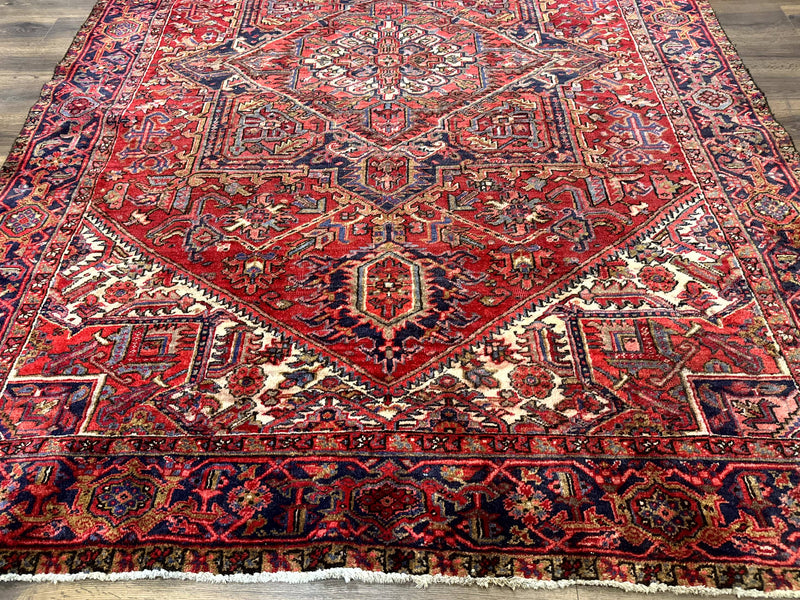 Persian Heriz Rug 7x10, Geometric Pattern, Red Ivory Navy Blue by Jewel Rugs
