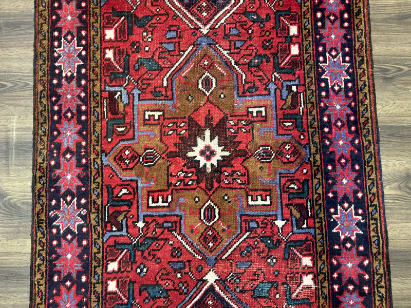 Persian Heriz Karajeh Runner Rug 3.7 x 12, Geometric Medallions, Red and Navy Blue by Jewel Rugs
