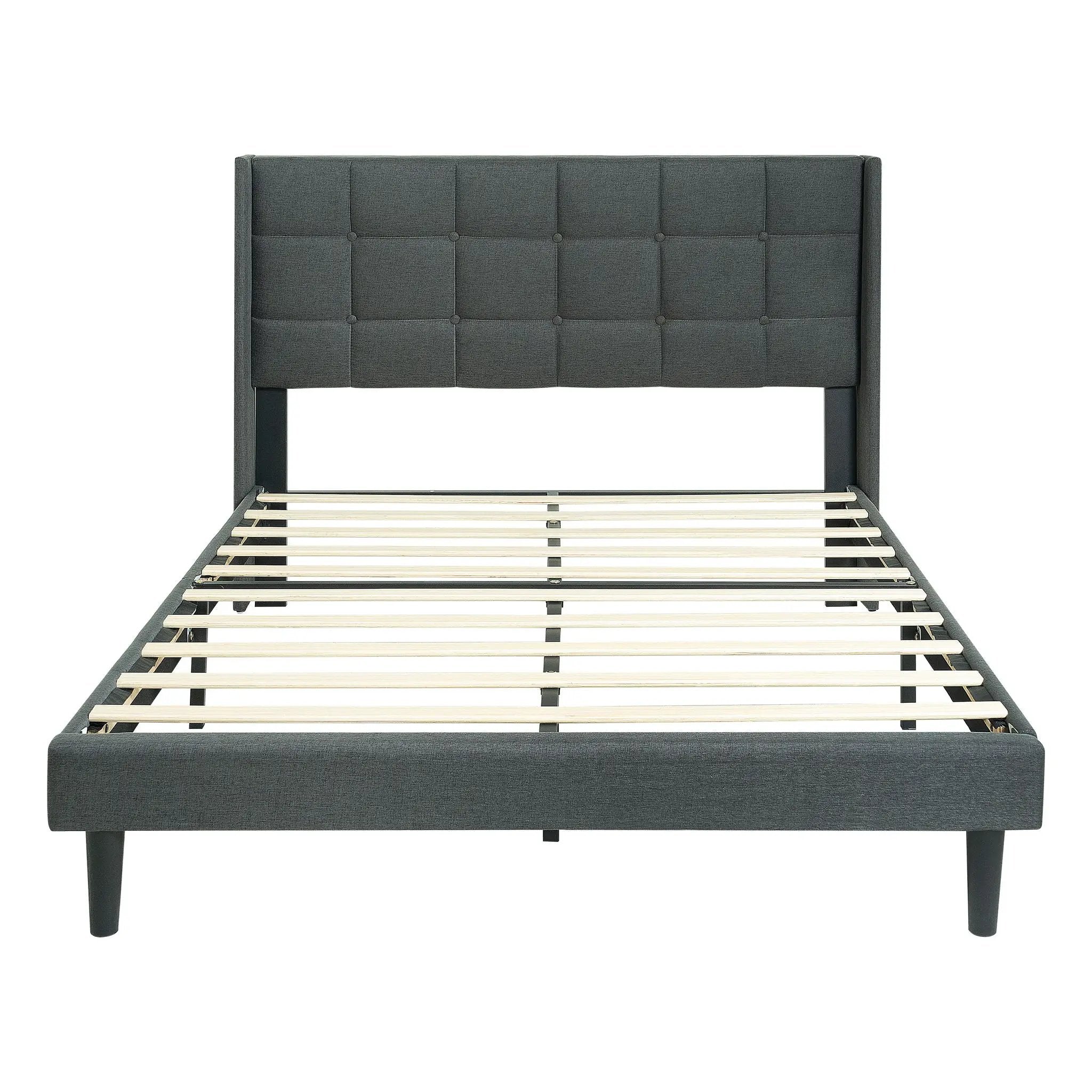 Queen Size Upholstered Platform Bed Frame With Button Tufted Linen Fabric Headboard - Dark Gray by Unique Piece Furniture