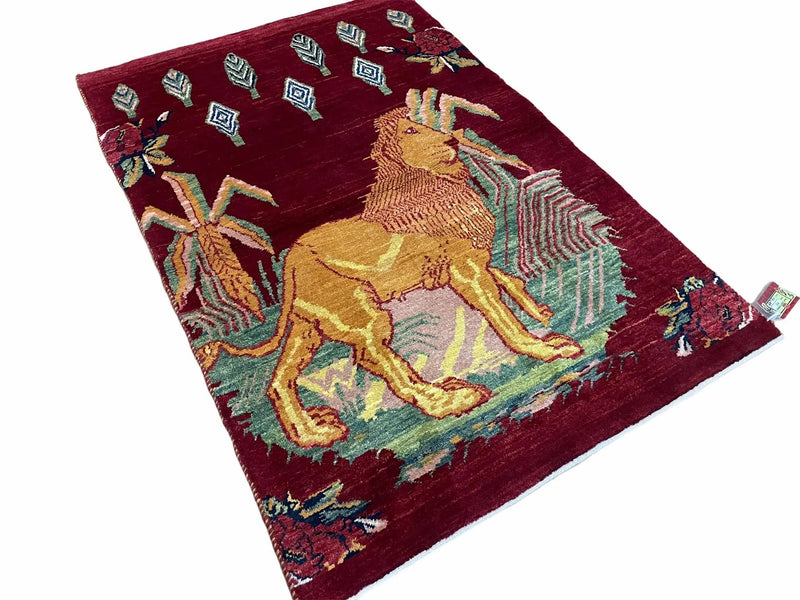 3 X 5 Handmade Rug New Vintage Rug Quality Wool Pictorial Lion Jungle Veg Dyes by Jewel Rugs