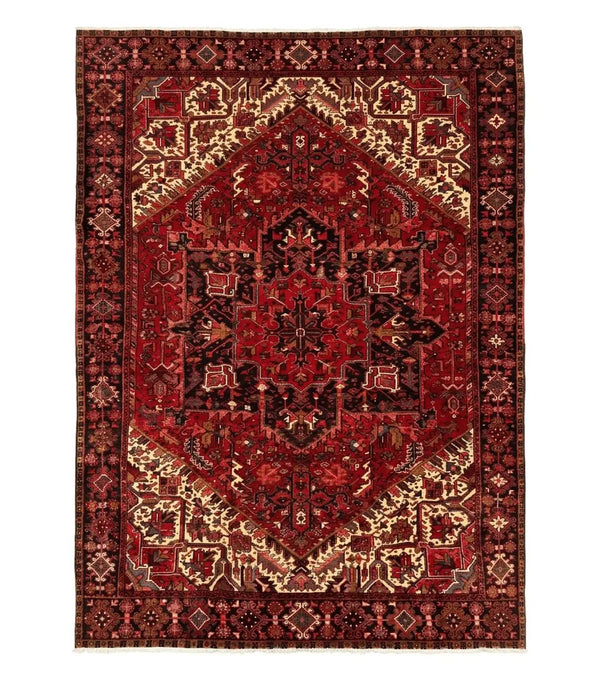 Persian Heriz Rug 8x11, Geometric Design, Red & Cream