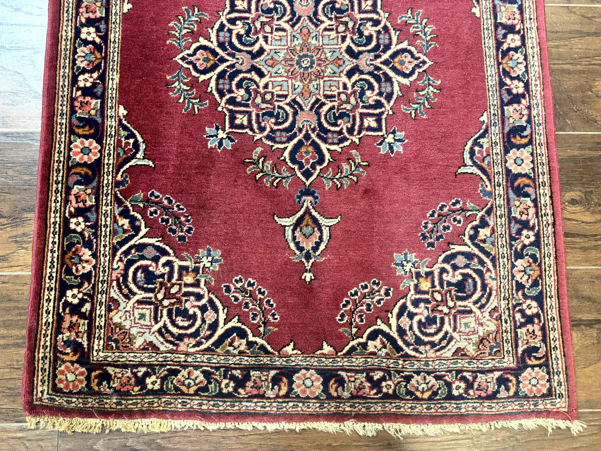 Small Persian Kashan Rug 2x3, Red and Navy Blue, Handmade Vintage Wool Semi Antique Persian Carpet, Semi Open Field, Pair B by Jewel Rugs