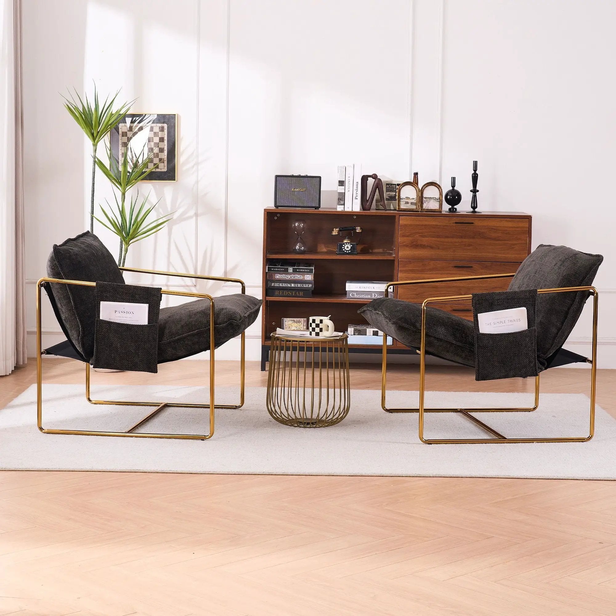 Upholstered Hanging Armchair With Arm Pocketsmetal Frame (Set of 2), Plated Craftsmanship, Crushed Foam Cushions And Skin-Friendly Woven Fabric For Living Room And Bedroom by HouseOfZazla