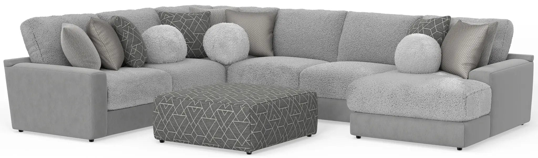 Canyon - 4 Piece Sectional With Cuddler Seat Cushions, Included Accent Pillows And Cocktail Ottoman (Right Side Facing Chaise) - Platinum by Unique Piece Furniture