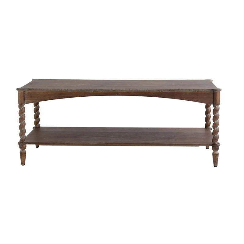 Rustic Brown Wood Coffee Table with Turned Spiral Legs and Lower Shelf by HouseOfZazla
