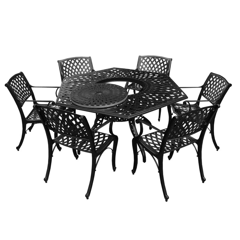 Outdoor Aluminum 7pc Hexagon Patio Dining Set, Lazy Susan, Six Chairs by Sharicks