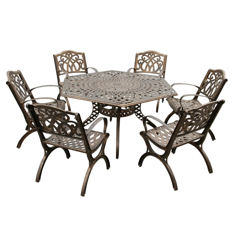 Outdoor Aluminum 7pc Hexagon Patio Dining Set, Lazy Susan, Six Chairs by Sharicks