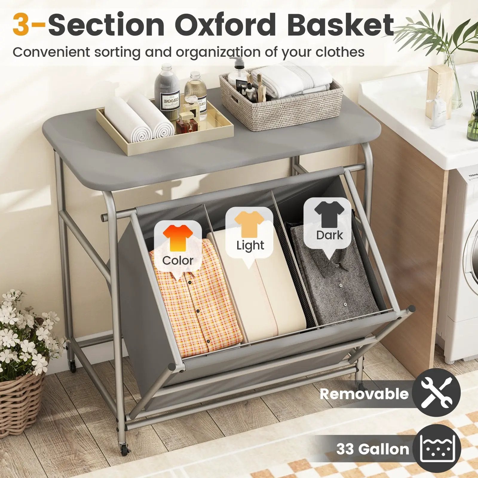 3-Section Laundry Sorter with Foldable Ironing Board and Lockable Wheels-Gray by DirectDeals