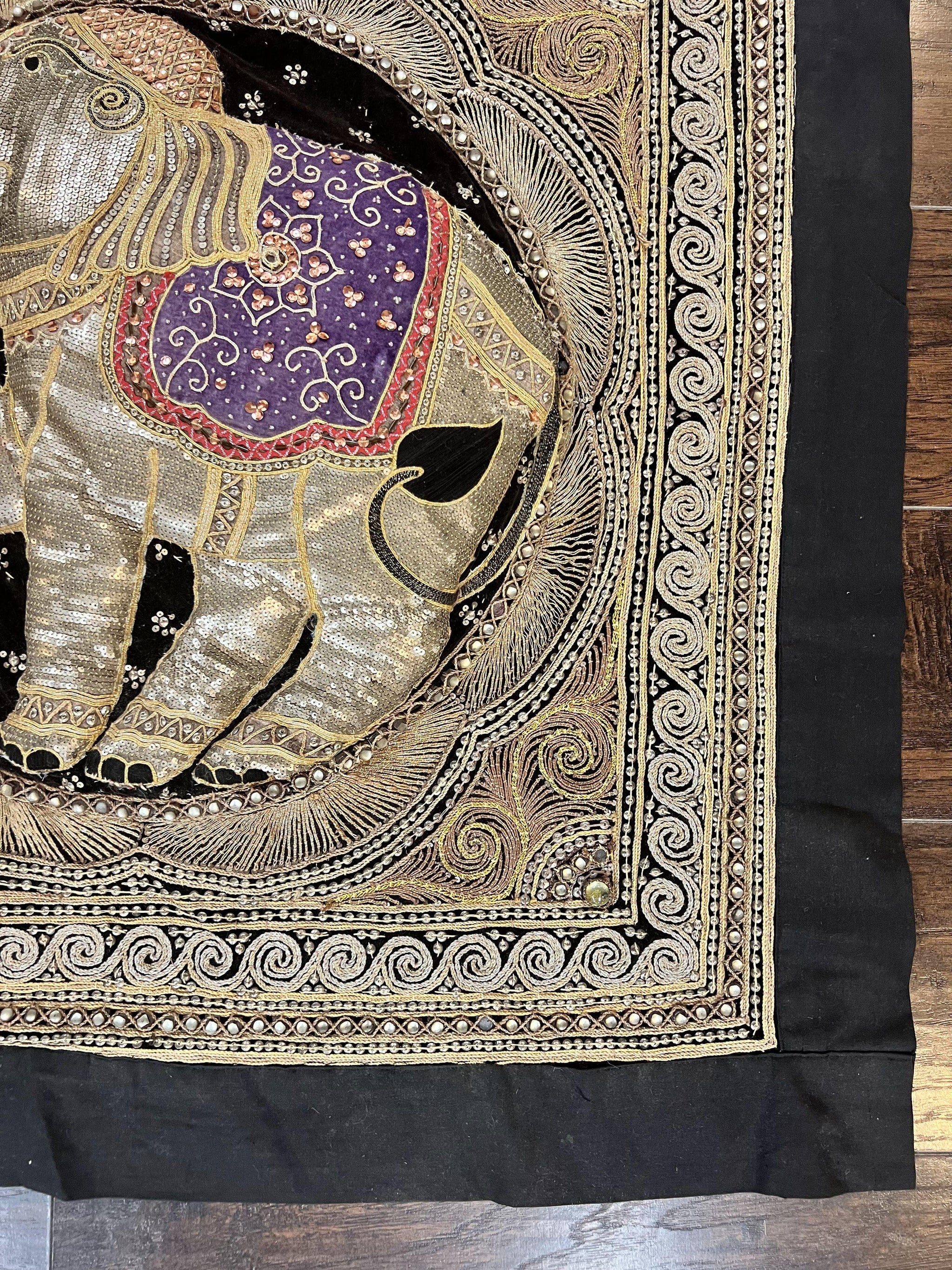 Indian Embroidery 3x3, Elephant Design, Detailed Needlepoint, Beadwork by Jewel Rugs
