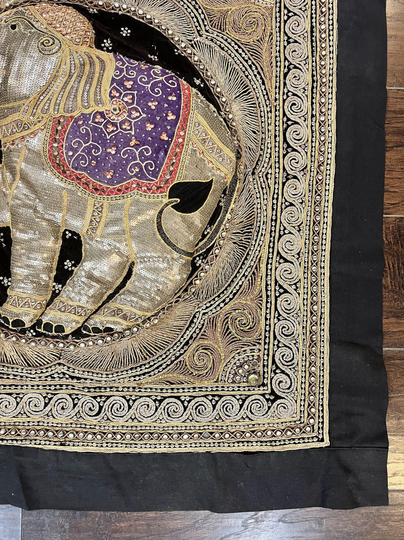 Indian Embroidery 3x3, Elephant Design, Detailed Needlepoint, Beadwork by Jewel Rugs