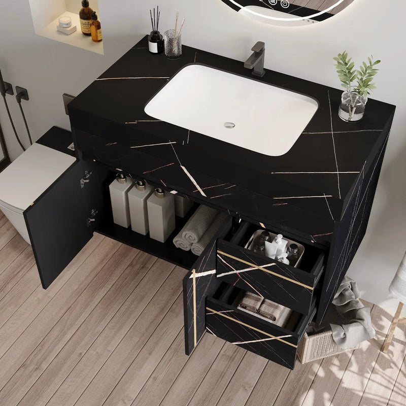 35.2 in Floating Bathroom Vanity with Sink and Faux Marble Top by HouseOfZazla