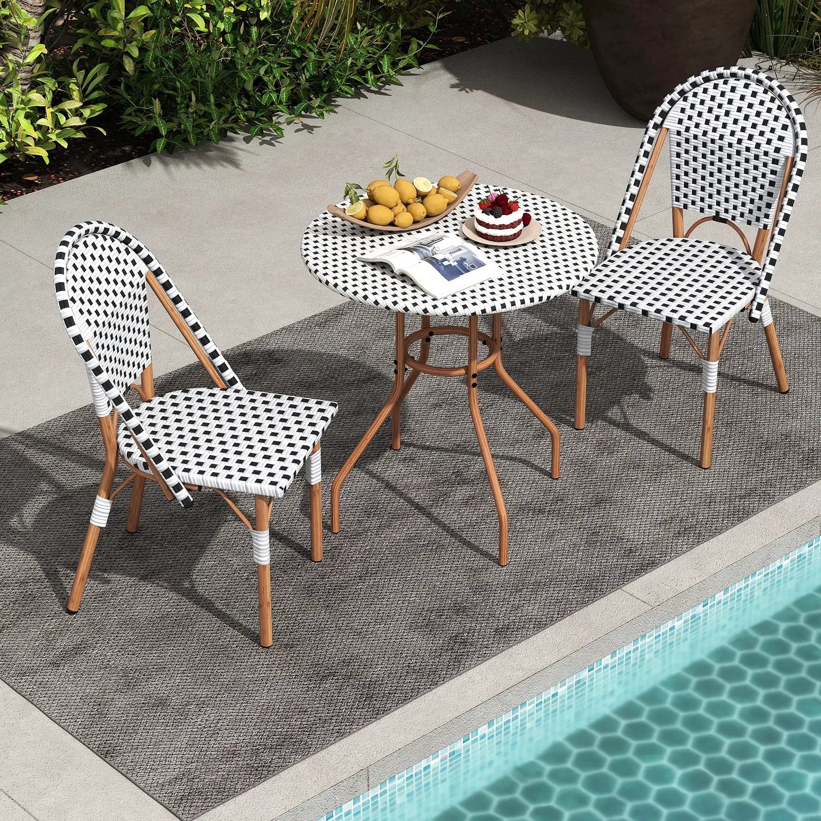 3 Piece French Bistro Table Chair Set with Outdoor Wicker Round Table and 2 Dining Chairs by DirectDeals