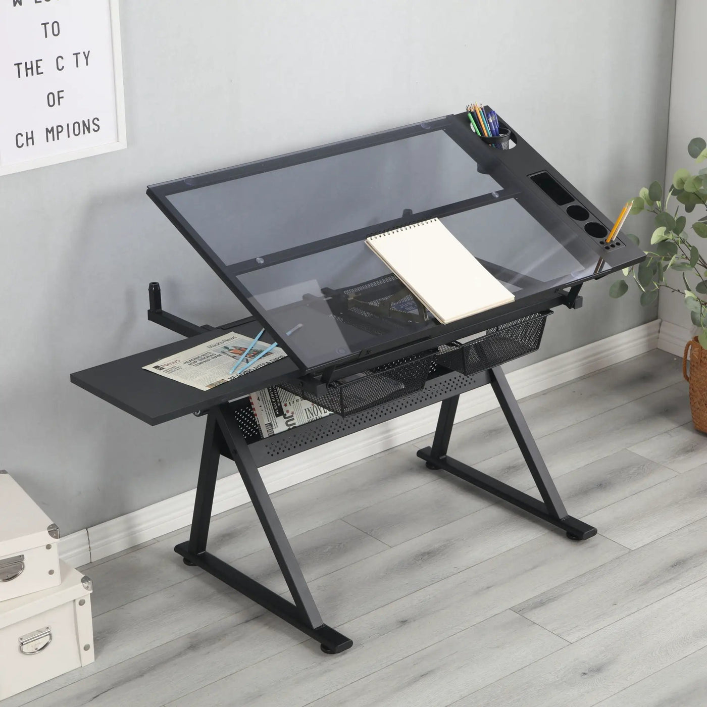 Adjustable Tempered Glass Drafting Printing Table With Chair by Unique Piece Furniture