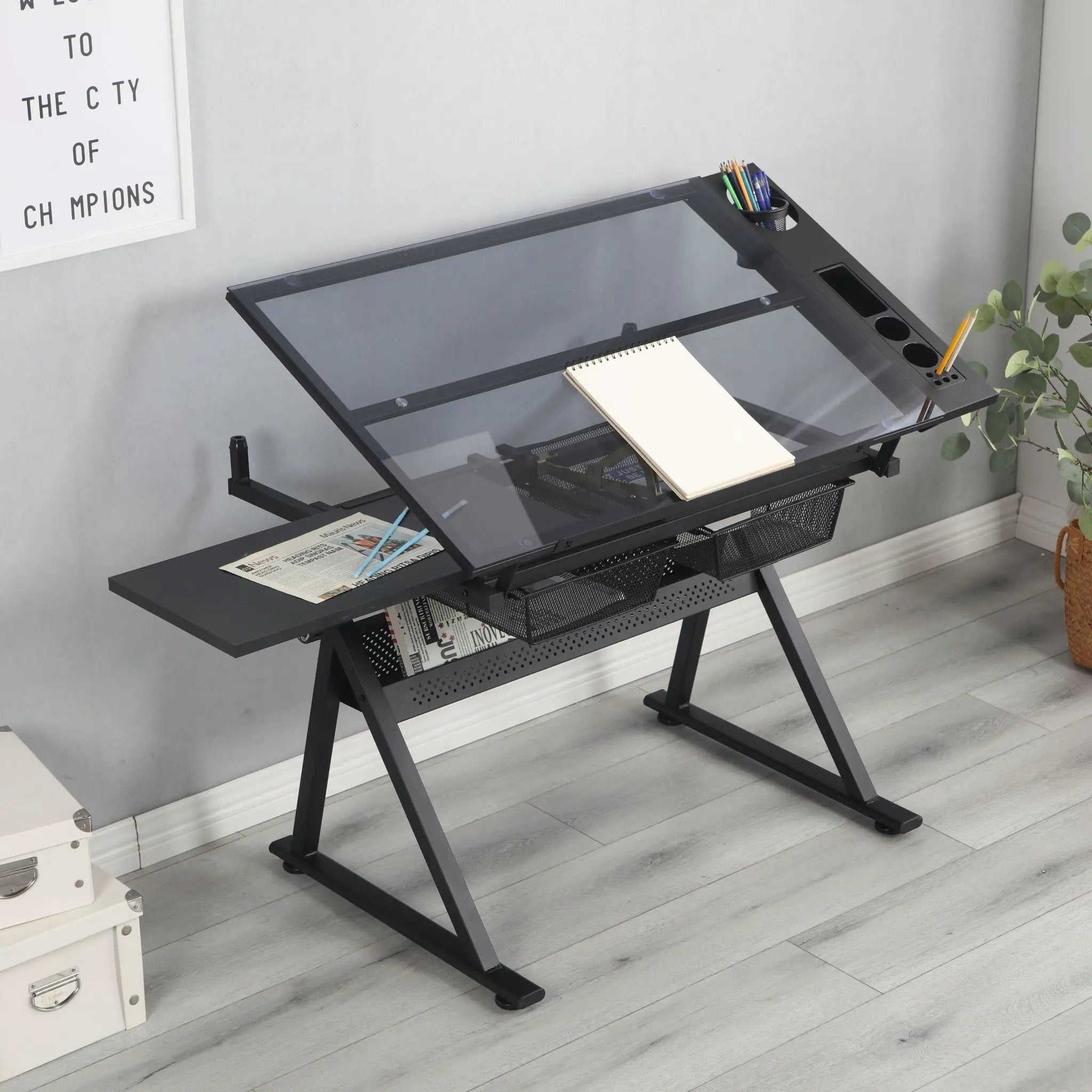 Adjustable Tempered Glass Drafting Printing Table With Chair by Unique Piece Furniture