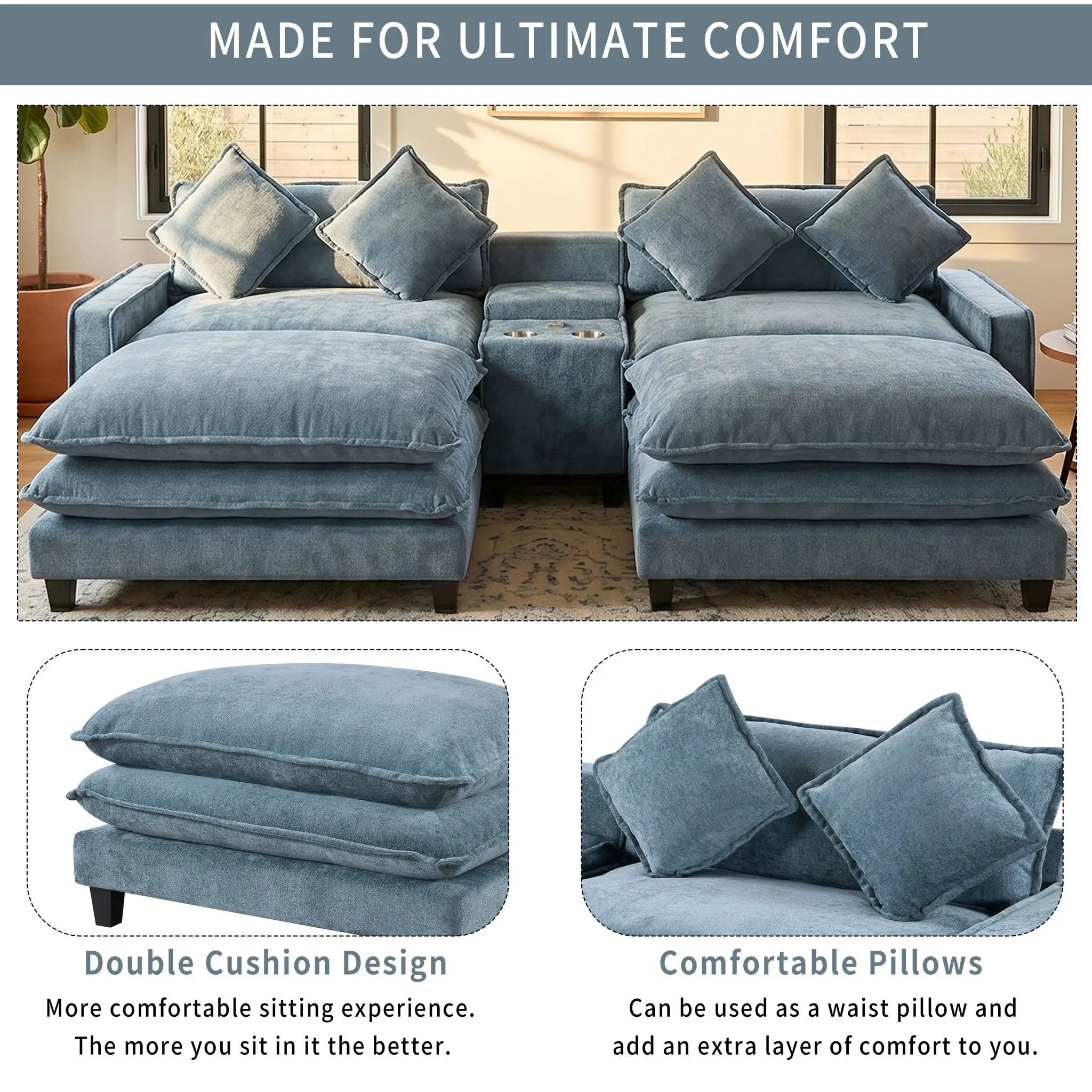 Modern Sectional Sofa With Removable Ottomans, USB Ports by HouseOfZazla