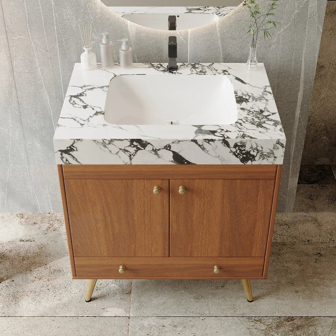 Mid-Century Free-Standing Bathroom Vanity with Faux Marble Top by HouseOfZazla