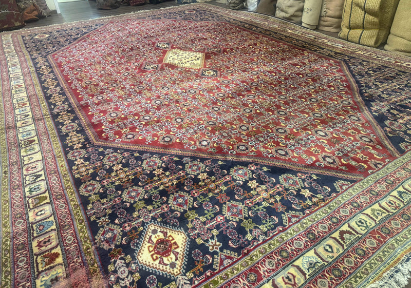 Palace Size Persian Shiraz Rug 13x19, Tribal Rug, Herati Pattern, Brick Red Navy Blue Beige, Oversized Persian Wool Area Rug, Extra Large by Jewel Rugs