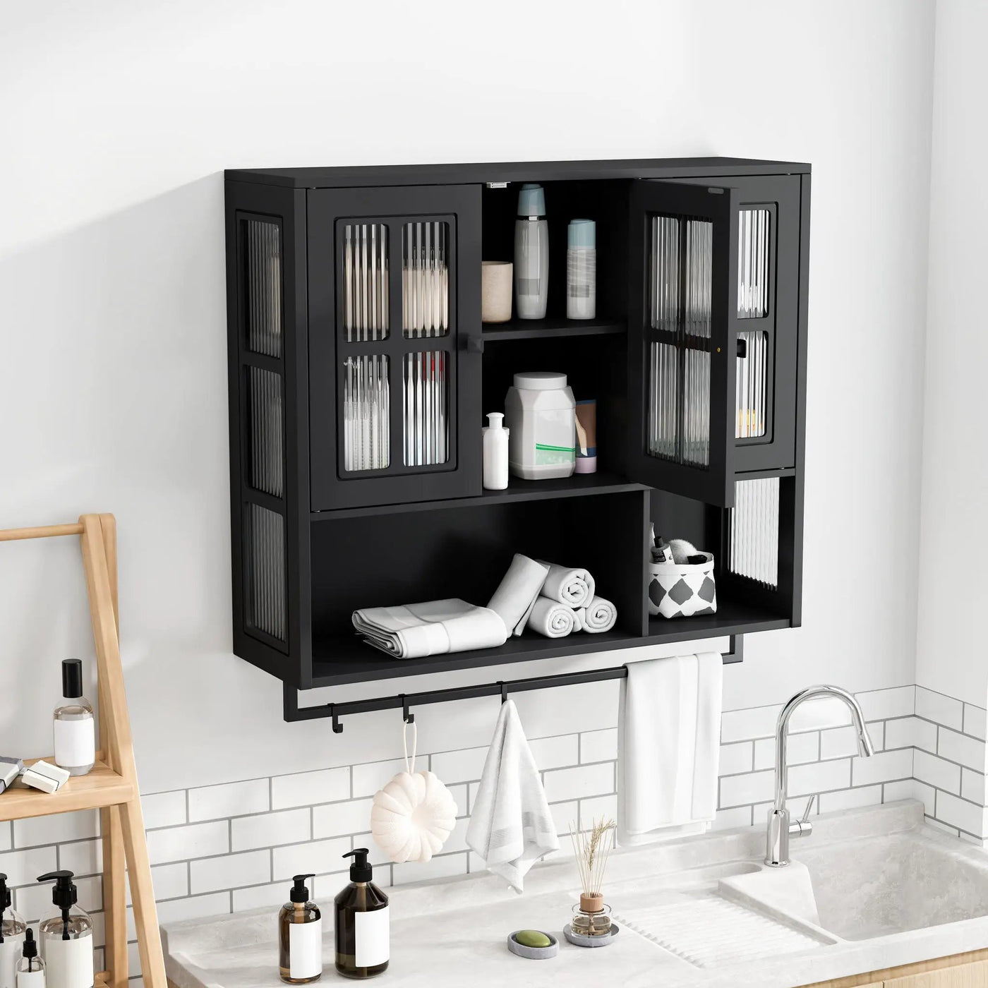 3 Door Wall Cabinet With Glass Door And Towel Bar by Unique Piece Furniture