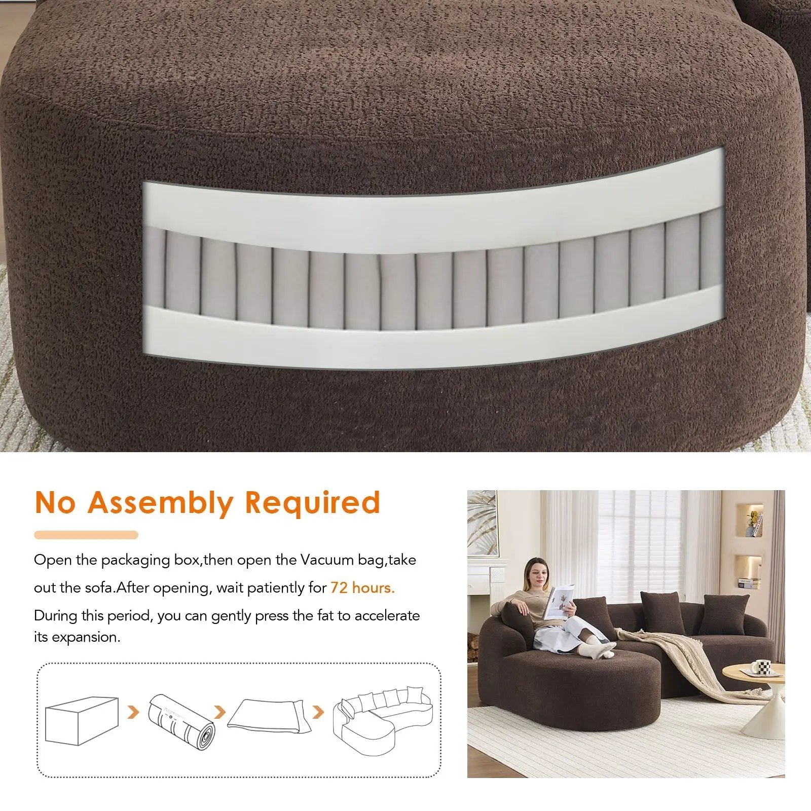 Compression Sponge L-Shape Sectional Sofa with Curved Chaise by HouseOfZazla
