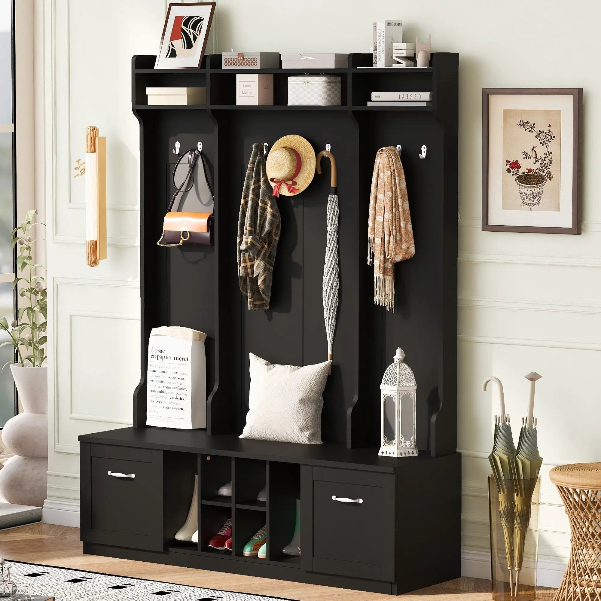 5 In 1 Entryway Bench With Coat Rack, 7 Sturdy Hooks, 2 Spacious Drawers And Adjustable Shelves by HouseOfZazla