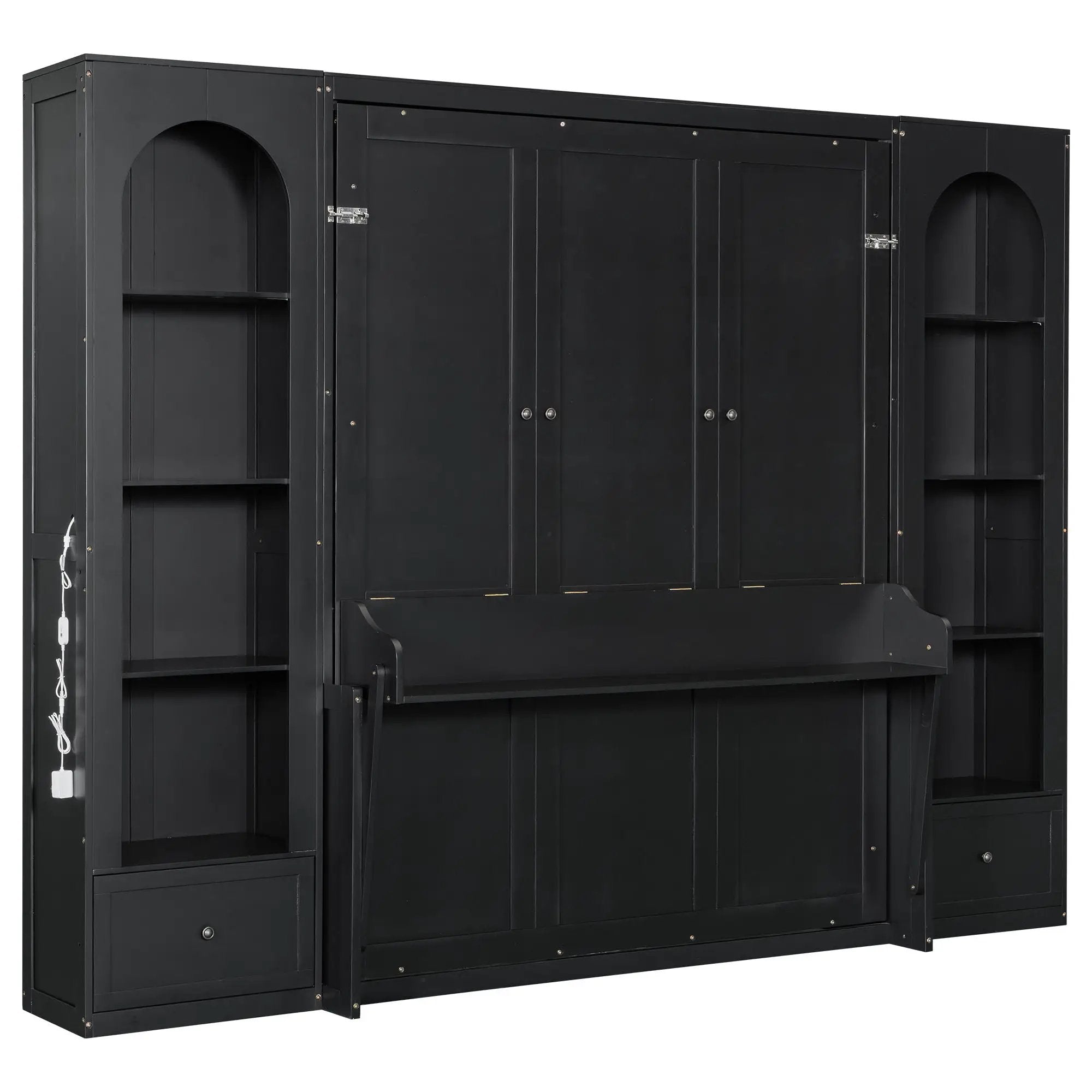 French Style Murphy Platform Bed With Shelf, Side Cabinets, Drawers And LED