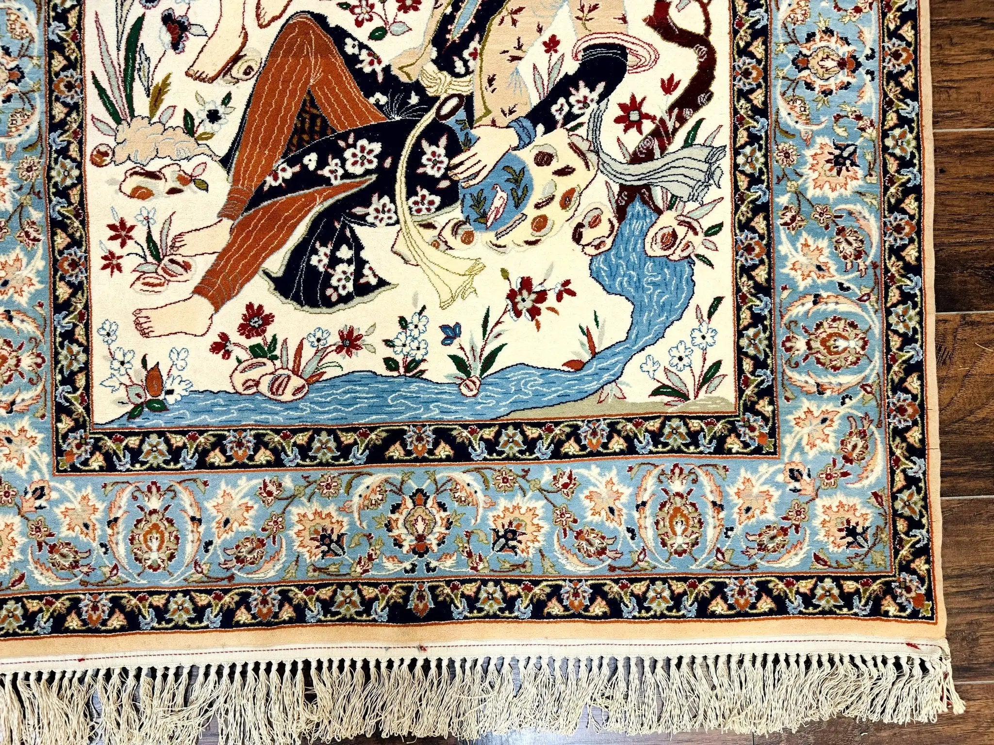Persian Isfahan Pictorial Rug, Two Lovers, Kork Wool on Silk Foundation, Ivory and Light Blue, 500 KPSI Super Fine by Jewel Rugs