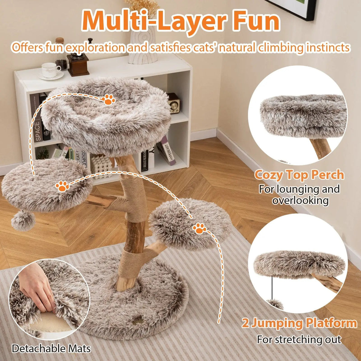 Cat Tree Solid Pear Wood with Perch and Natural Jute Scratching Posts-Brown, photo 7 of 9