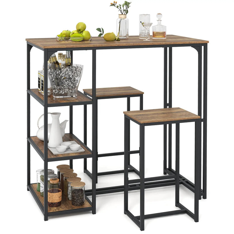 3-Piece Bar Table Set for 2 Bar-Height Dining Table with 2 Stools-Rustic Brown by DirectDeals