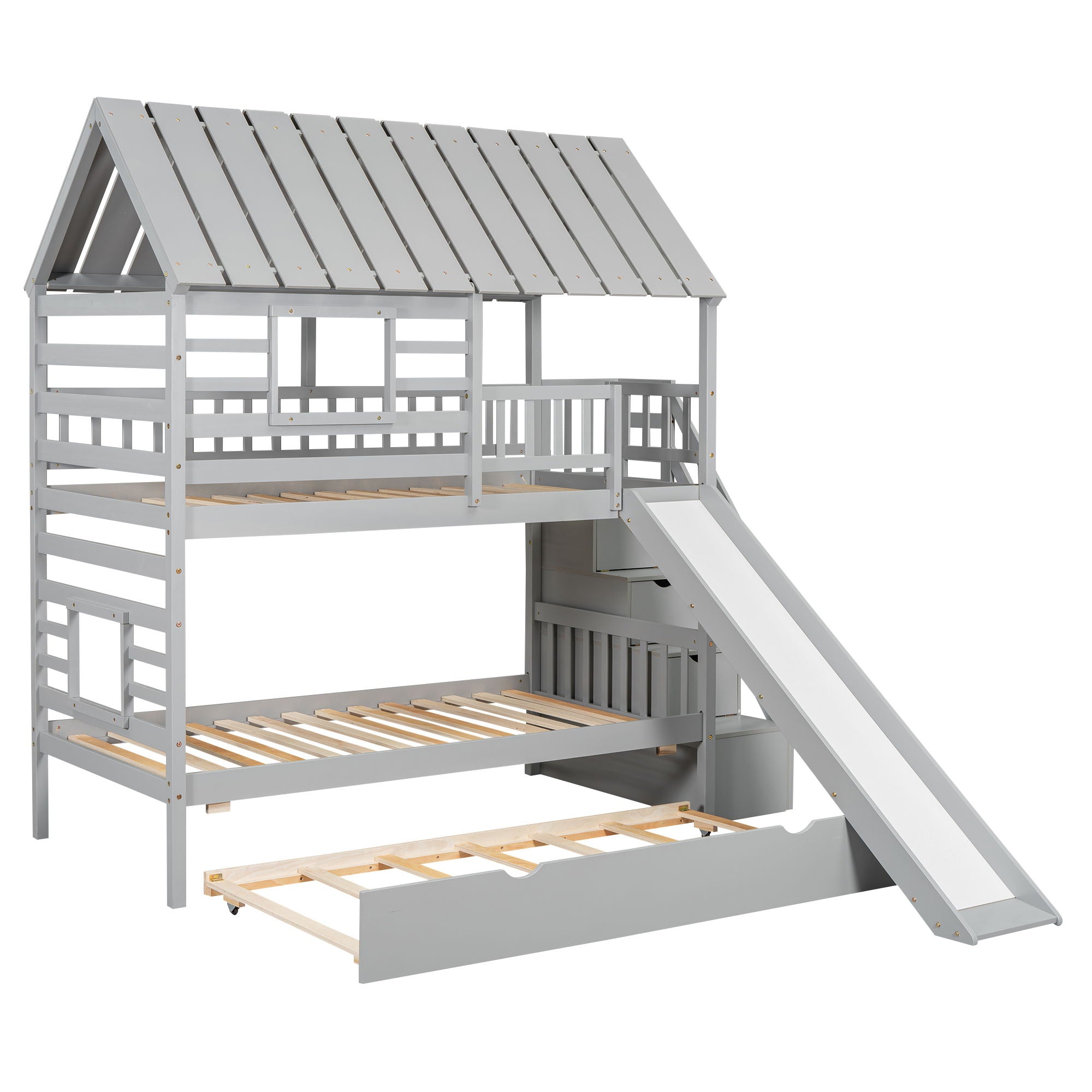 House Bunk Bed With Trundle, Storage Staircase, Roof And Window Design by HouseOfZazla