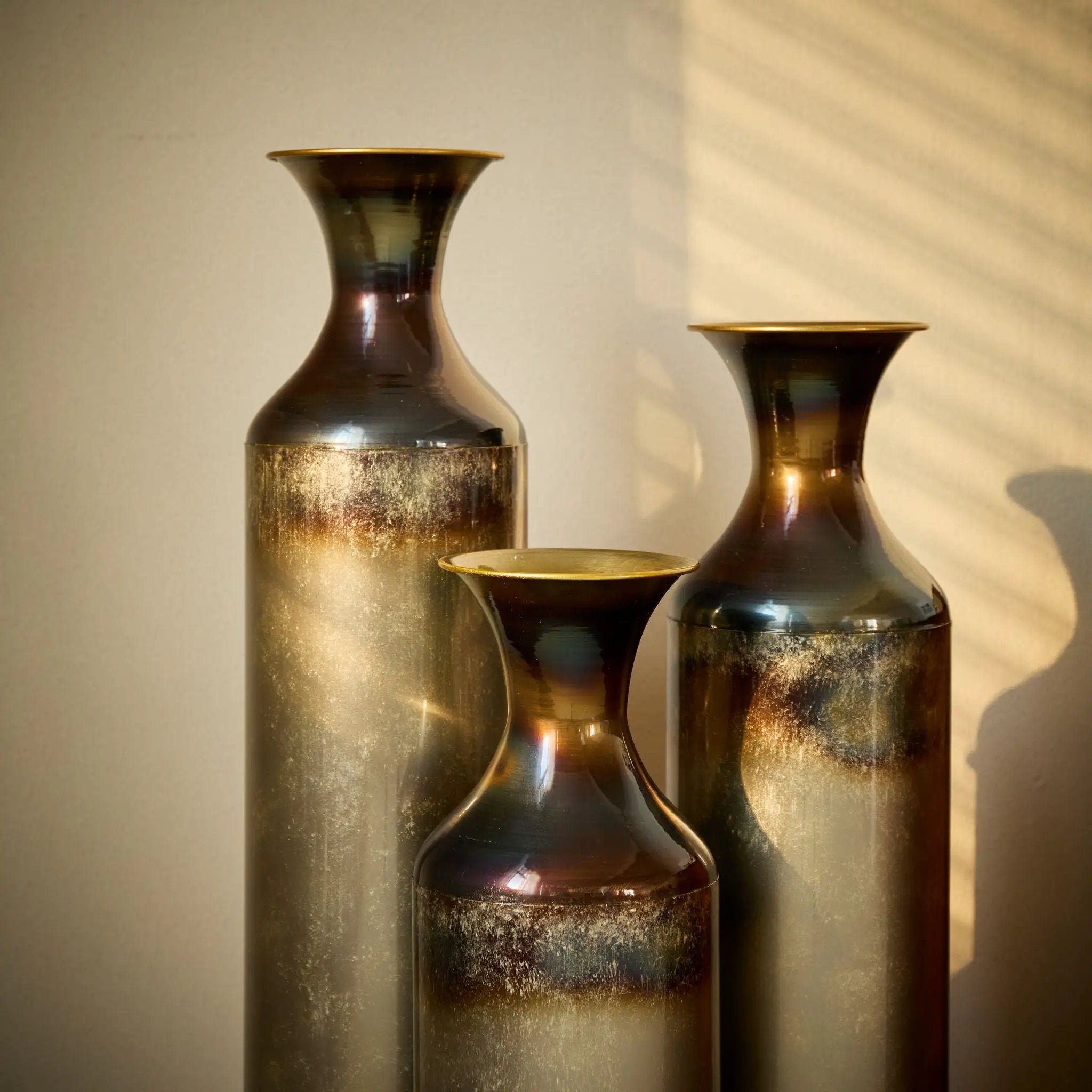 Modern Droplet Shaped Floor Vase Set, Glazed Metal Decorative Vases 3 Piece Home Accent For Living Room - Gold / White by HouseOfZazla