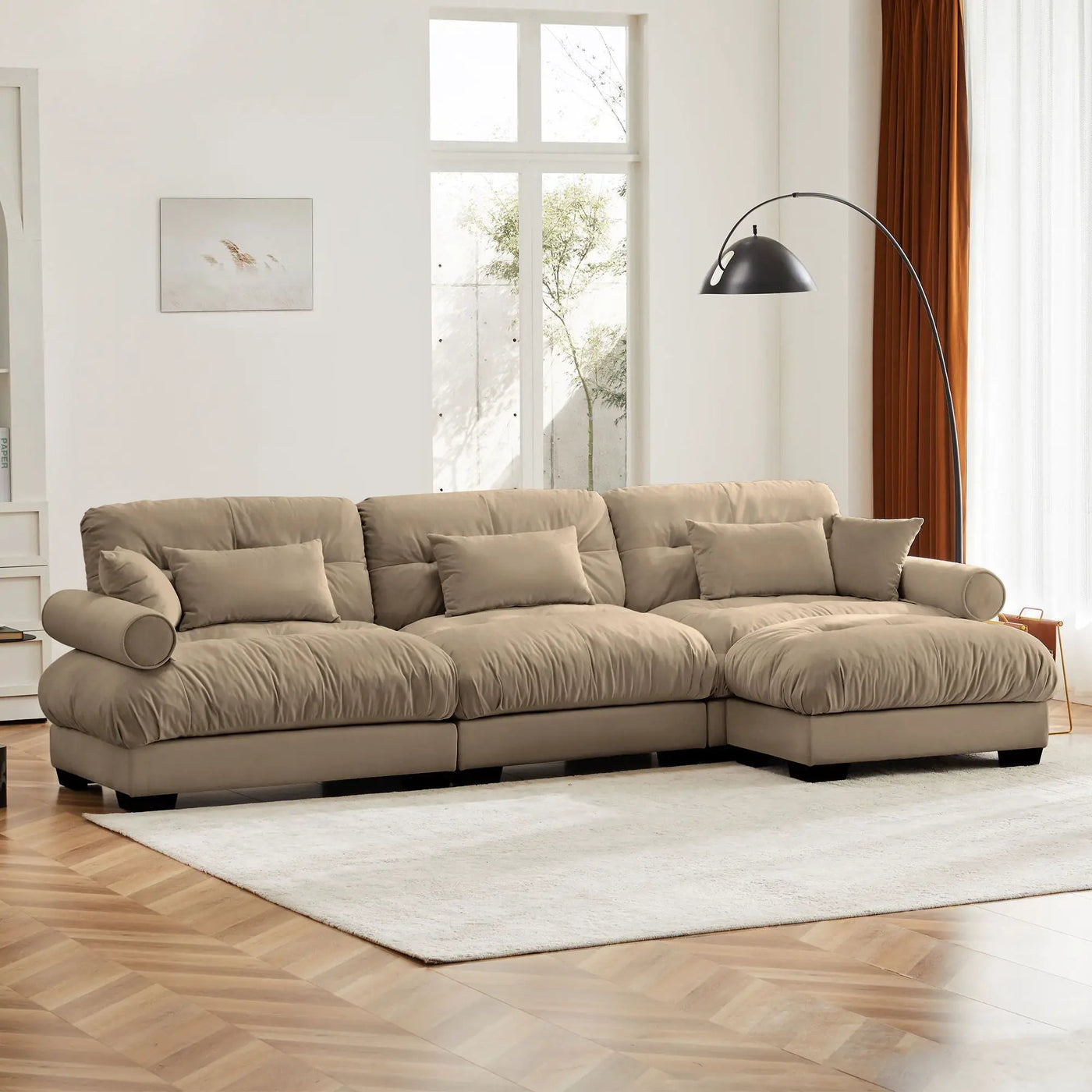 Modern Sectional Sofa With Ottoman, Round Bolster Armrests, Waist And Throw Pillows by Unique Piece Furniture