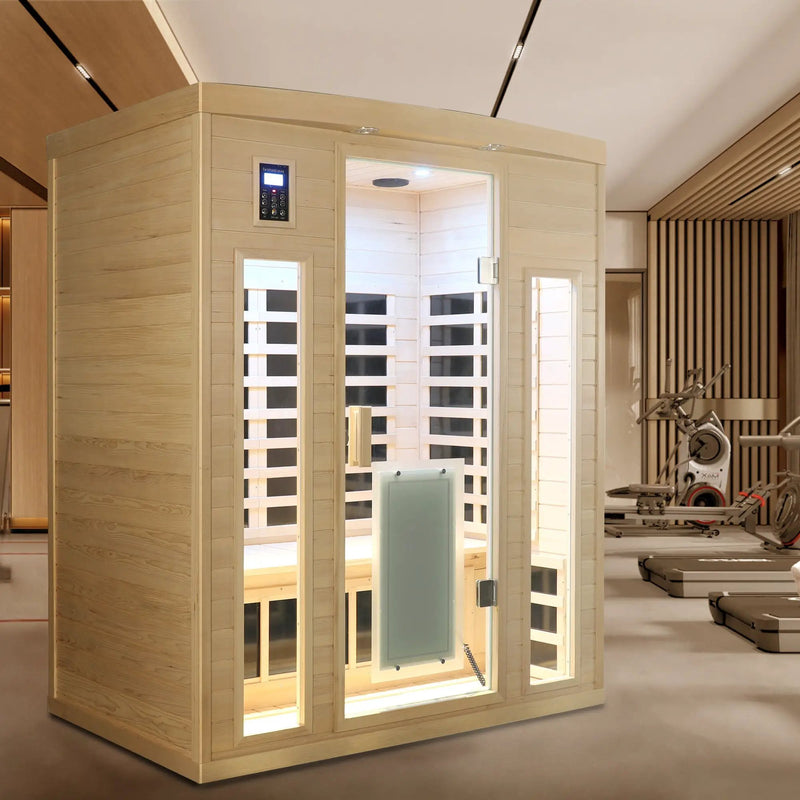 Low EMF, There is also a heating plate on the glass door, Hemlock wood Far-infrared indoor Three person sauna room by HouseOfZazla