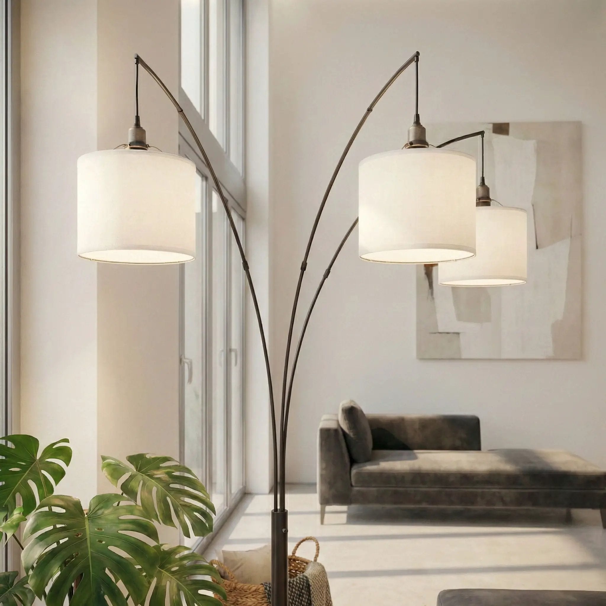 Royal - 3 Arm Arc Floor Lamp, Oil Rubbed Bonze With Linen Shade, 4 Way Rotary Switch - Oil-Rubbed Bronze by Unique Piece Furniture