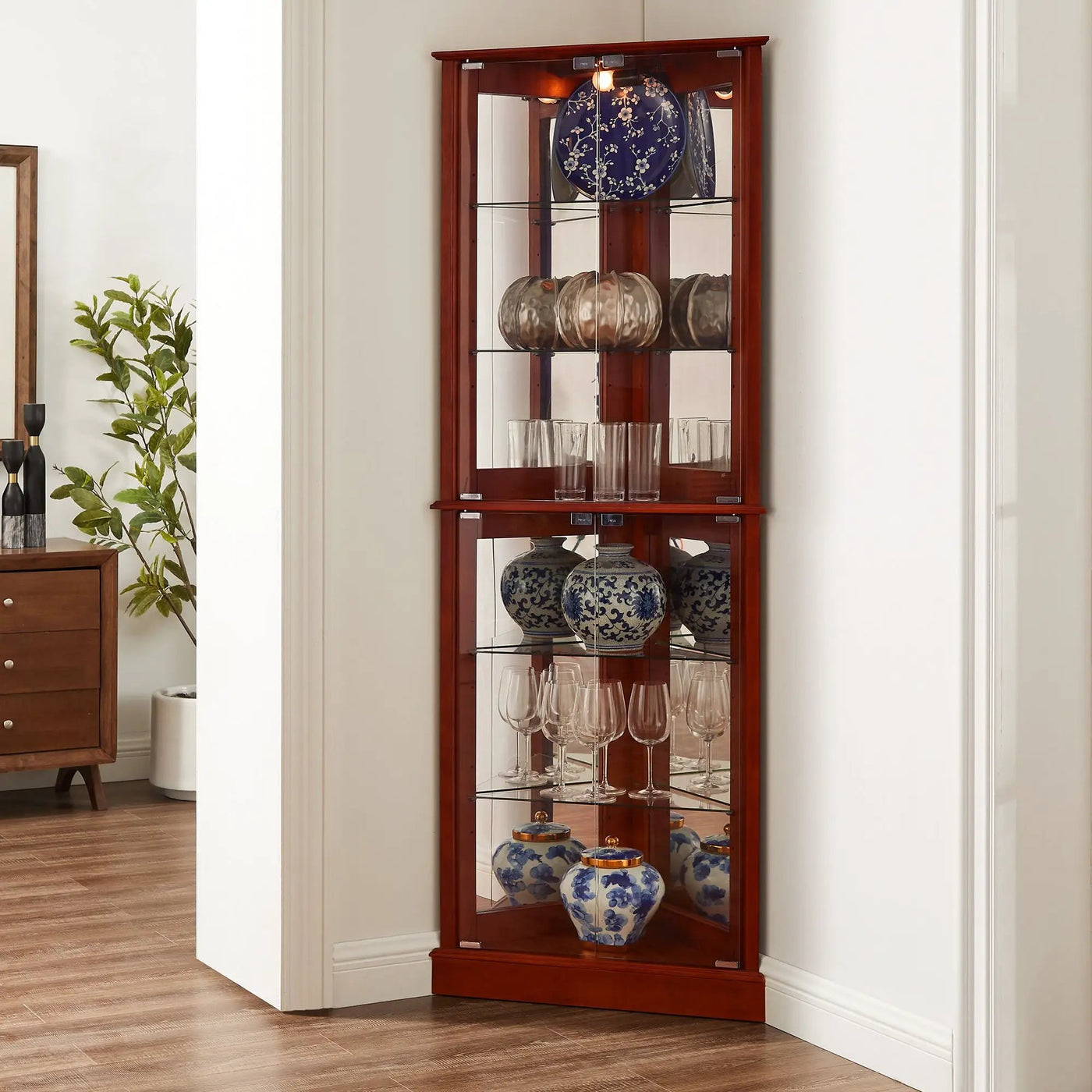 Corner Curio Dispaly Cabinet With Lights, Adjustable Tempered Glass Shelves, Mirrored Back (E26 Light Bulb Not Included) by Unique Piece Furniture