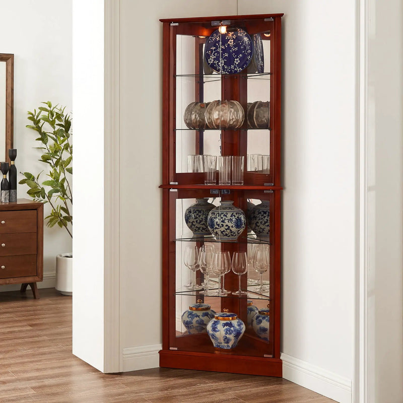 Corner Curio Dispaly Cabinet With Lights, Adjustable Tempered Glass Shelves, Mirrored Back (E26 Light Bulb Not Included) by HouseOfZazla