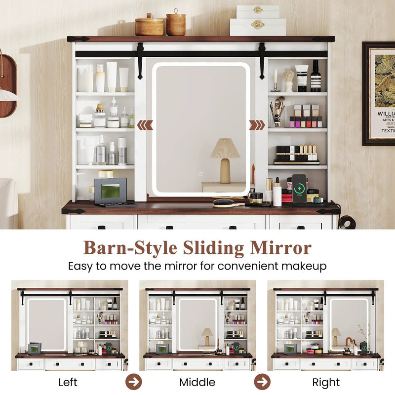 Farmhouse Vanity Desk with Barn-Style Sliding Mirror and 3 Lighting Modes-White by DirectDeals