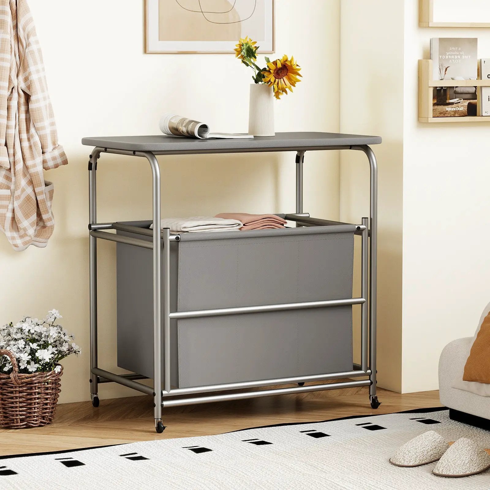 3-Section Laundry Sorter with Foldable Ironing Board and Lockable Wheels-Gray by DirectDeals