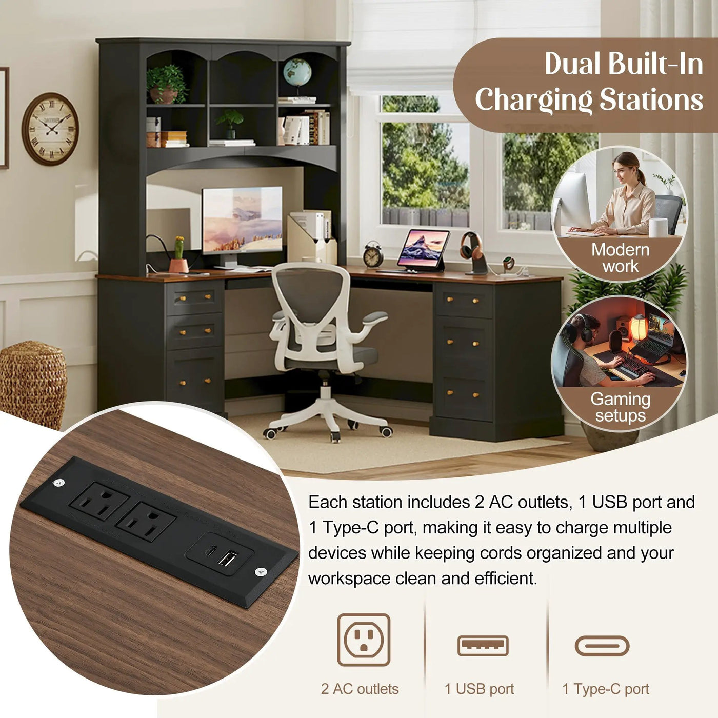 Space-Saving L-Shaped Computer Desk with Keyboard Tray & Charging Stations by HouseOfZazla