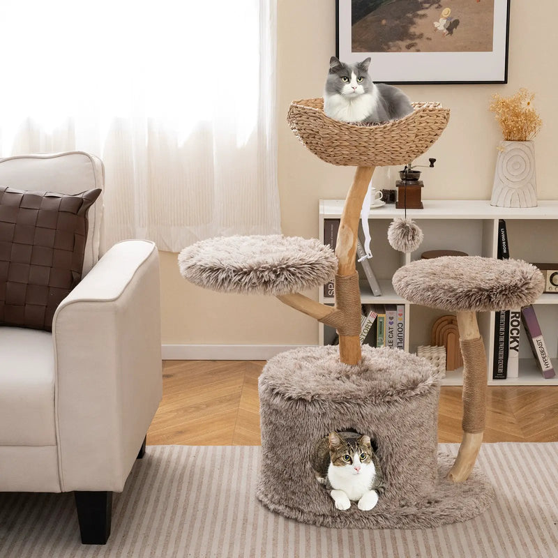 Wood Cat Tree Solid Pear Cat Tree with Perch and Sisal Scratching Posts-Brown by DirectDeals