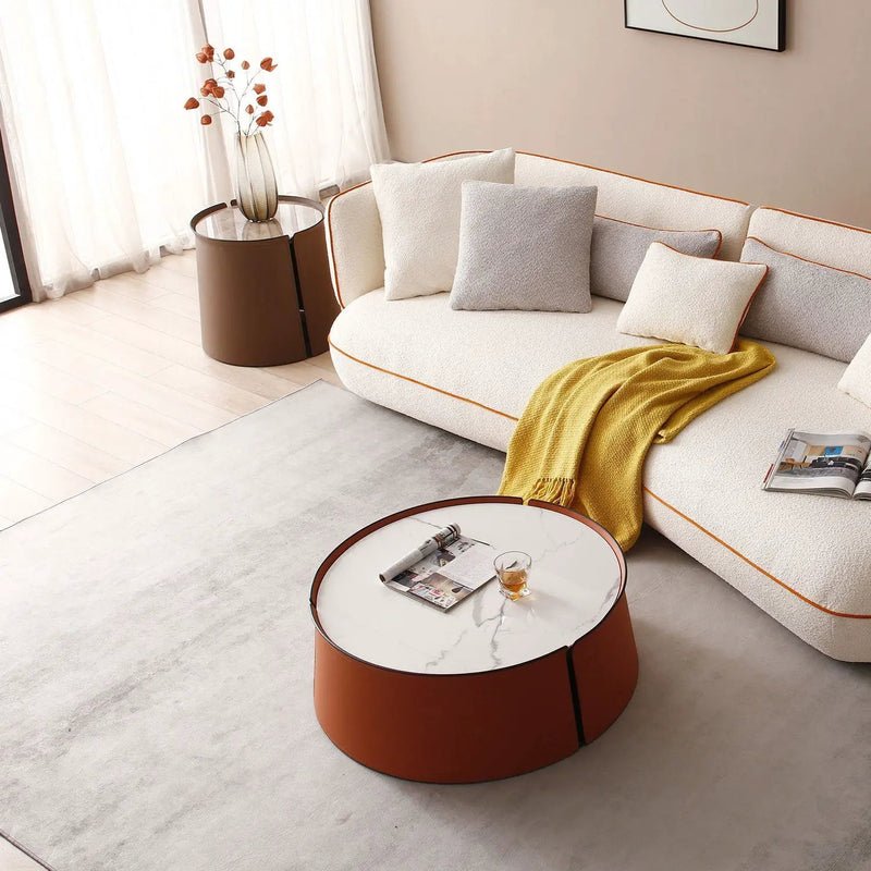31.5" Coffee Table, Marble Top and Orange Saddle Leather Body by BLAKHOM