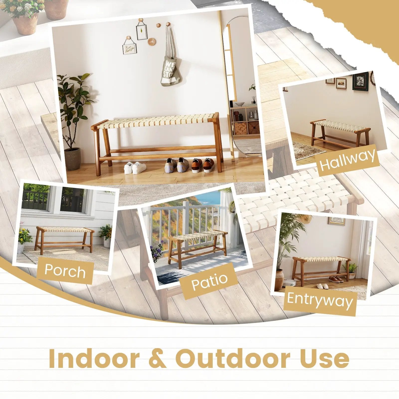 47 Inches Long Teak Wood Patio Bench with Weave Seat and Solid Wood Legs-Natural by DirectDeals