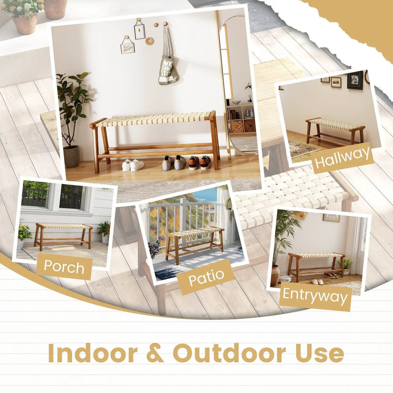47 Inches Long Teak Wood Patio Bench with Weave Seat and Solid Wood Legs-Natural by DirectDeals