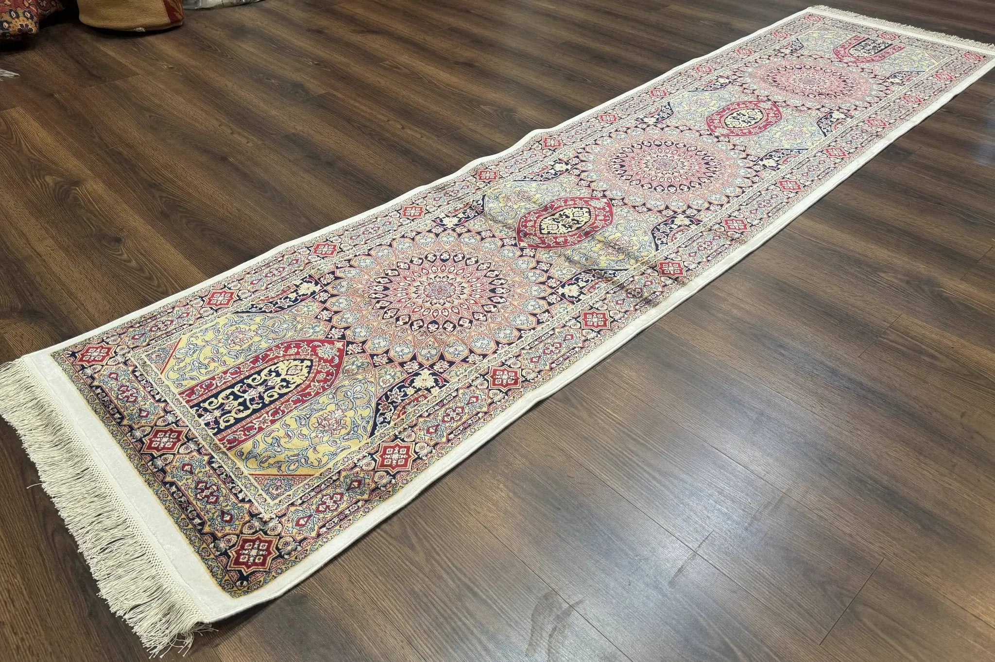 Turkish Silk Runner Rug 2.6 x 10, Dome Design, Hereke Runner, Bamboo Silk, New by Jewel Rugs