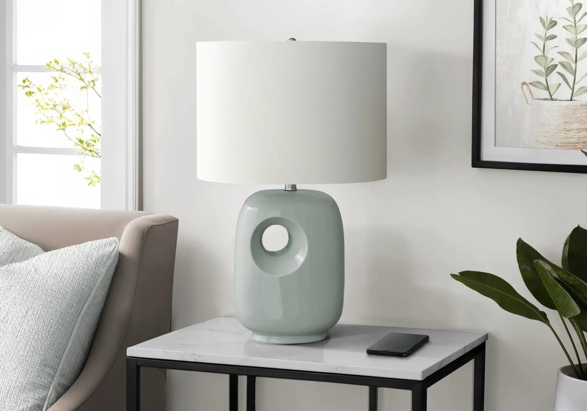 Contemporary Green Ceramic Table Lamp with Ivory Shade, 26"H by HouseOfZazla