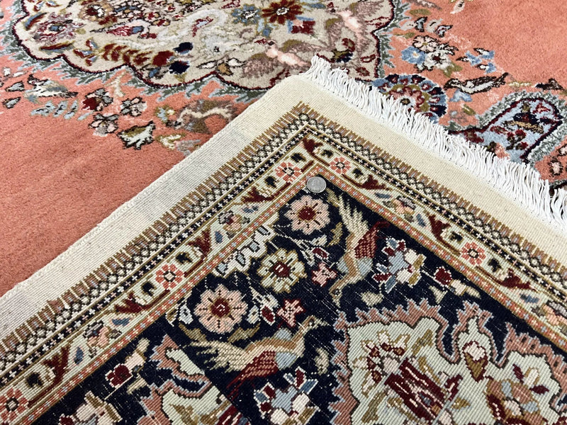 Persian Tabriz Rug 10x13, Wool Hand Knotted Vintage Carpet, Salmon Red & Ivory, Semi Open Field, Birds & Animal Motifs, Large Rug by Jewel Rugs