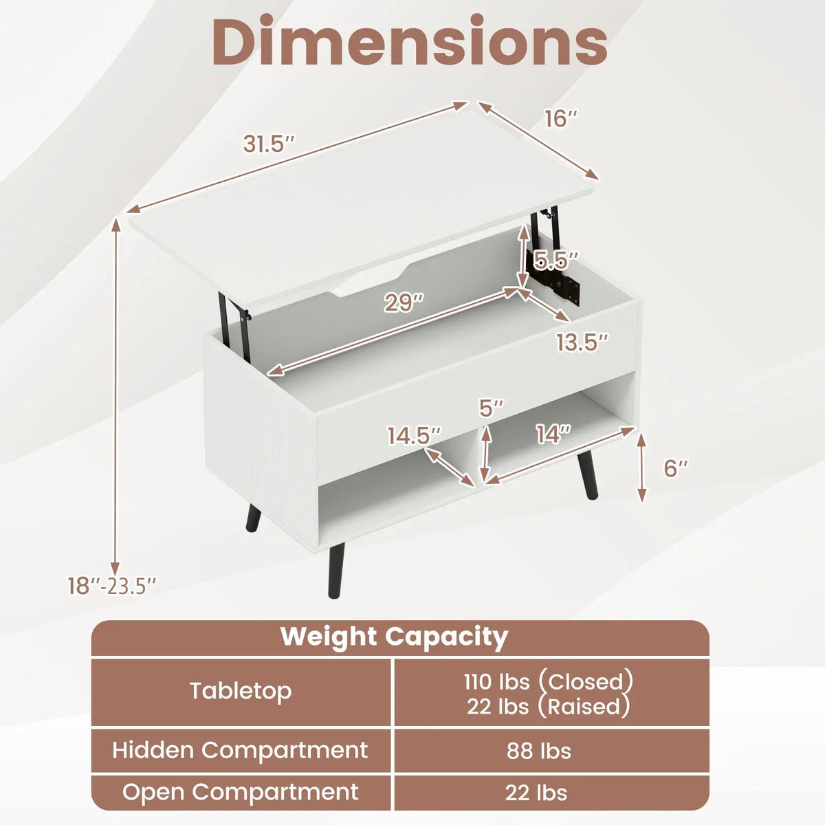 31.5 Inch Lift-Top Coffee Table with Hidden Storage and 2 Open Shelves, photo 22 of 40