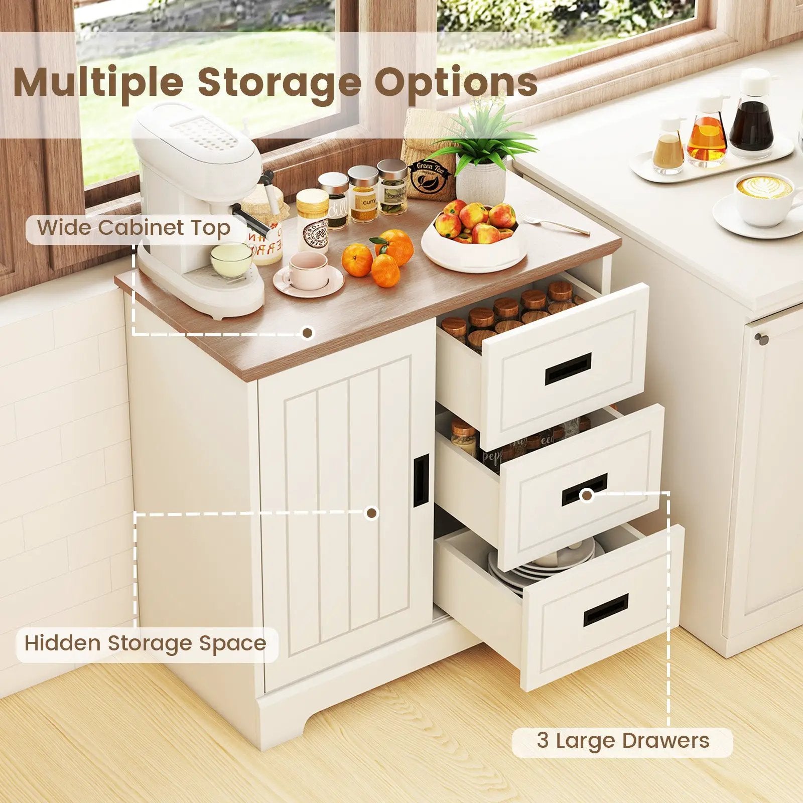Farmhouse Sideboard Buffet Cabinet Kitchen Pantry with Sliding Doors-White by DirectDeals