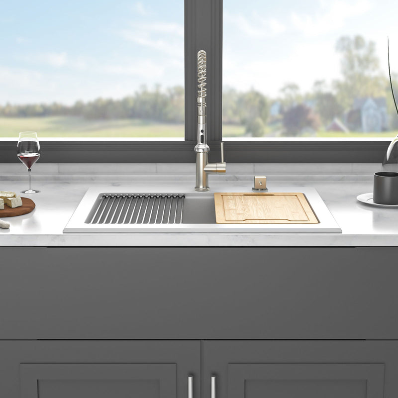 Quartz Kitchen Sink 30" X 22" Granite Composite Workstation Drop In Sink - White by HouseOfZazla